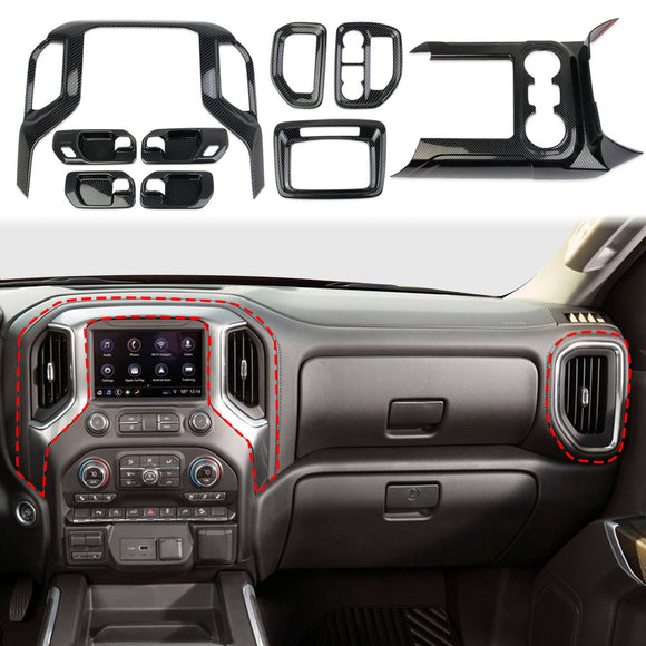10PCS Carbon Fiber Central control Cover Trim Interior Kit for Chevy Silverado